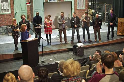 Amy Lillard acknowledges Lab Finalists (L to R) Megan Lingafelter Ball, Tony Fulgham, Shaun Scott, Destiny Gowdy, Ian Bell, Matthew Williams, Nathan Williams, Gevin Booth, and Ken White.