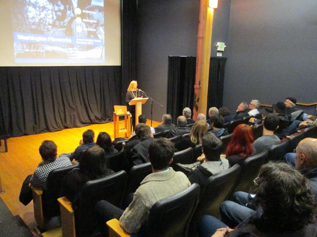Washington Filmworks Executive Director Amy Lillard giving the Annual Industry Update at Seattle's Northwest Film Forum.