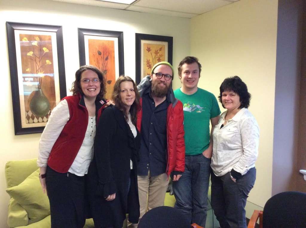 Filmmaker/Animator Drew Christie with Director of Finance & Operations Julie Daman, Production Services Coordinator Krys Karns, Accounting Assistant Ken Hagan, and Administrative Assistant Cris Walters.
