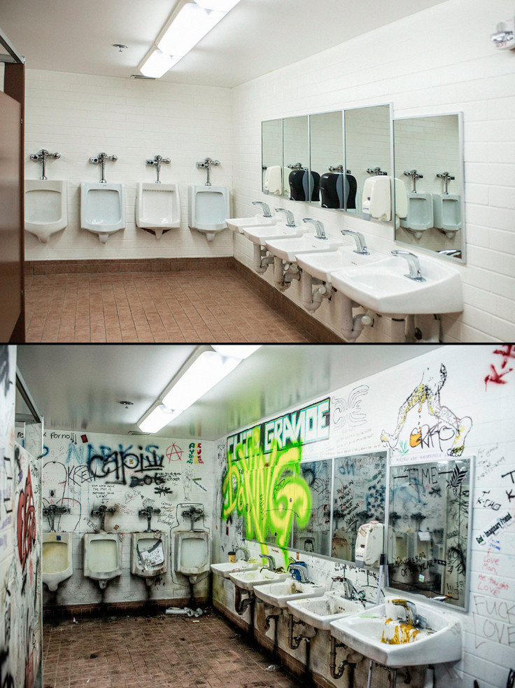The bathroom - before and after (and back to before). Photo credit: Bryan Campbell