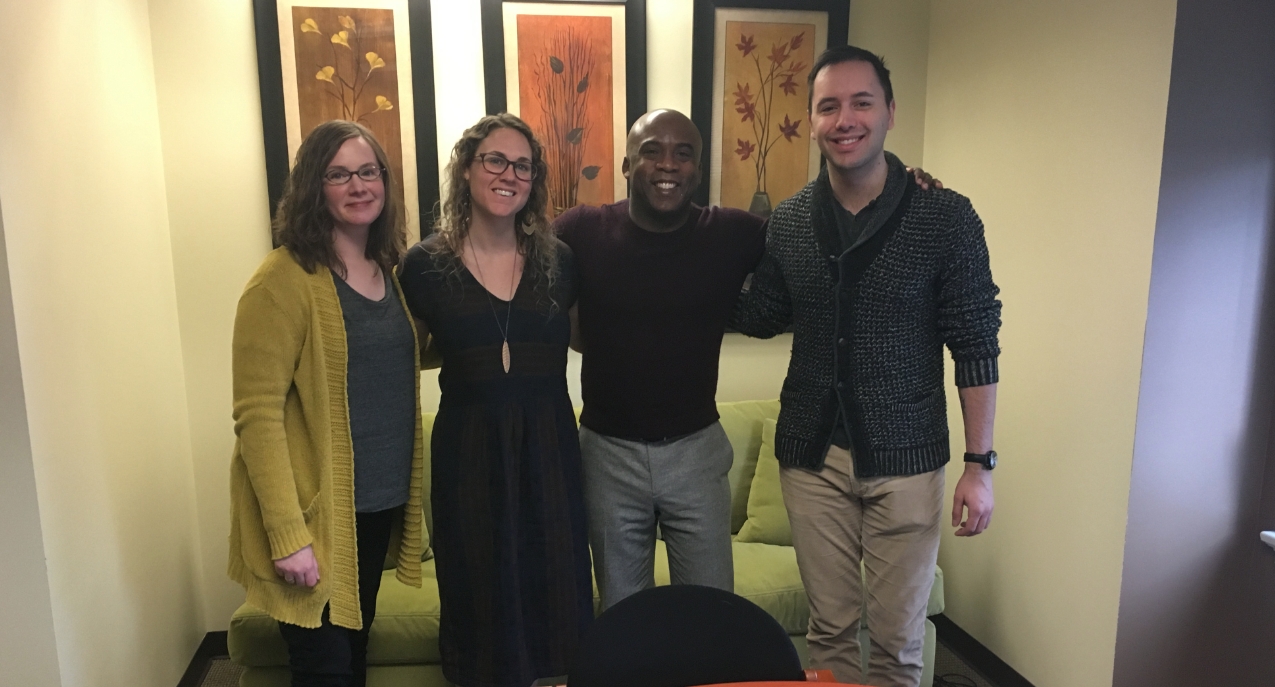 Washington Filmworks Accounting Assistant Amanda England, Executive Assistant Ashley Fendler, and Communications Coordinator Andrew Espe with Brick Lane Records' Kirt Debique (center)